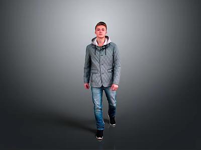 Gray Hooded Jacket And Blue Jeans On Man Walking Against Gray Background 3d model