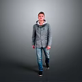 Gray Hooded Jacket And Blue Jeans On Man Walking Against Gray Background