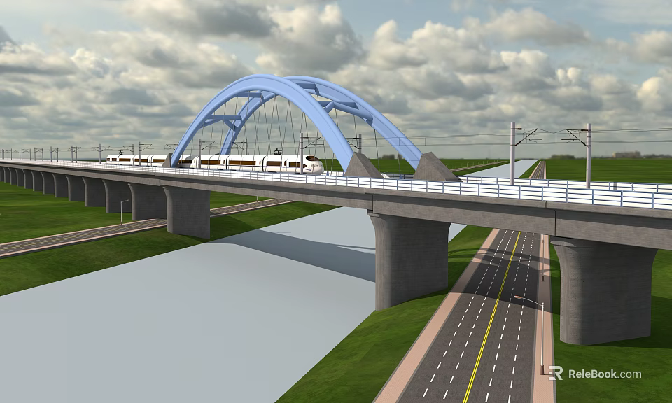 Blue Arch Bridge With Train Passing Over River And Adjacent Road Green Grassland 3d model 
