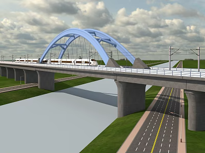 Blue Arch Bridge With Train Passing Over River And Adjacent Road Green Grassland 3d model
