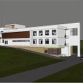 Modern Office Building On Green Hillside With White Facade Stone Base Large Windows Illuminated Entrance