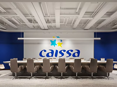 Elegant Conference Room Interior With Blue Walls Brown Chairs Star Decor And Caissa Logo 3d model