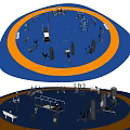 Outdoor Fitness Equipment in Circular Blue and Yellow Area with Various Exercise Machines