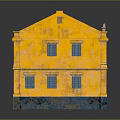 Yellow Two Story Building With Balconies Red Doors Windows And Brown Roof