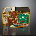 Miniature Room Interior With Wooden Desk Bookshelf Green Piano And Rug