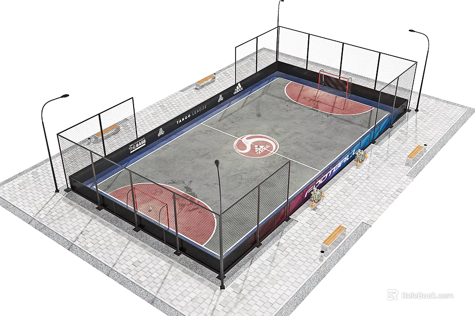 Outdoor Soccer Field Design With Fence Streetlights And Paved Surroundings 3d model 