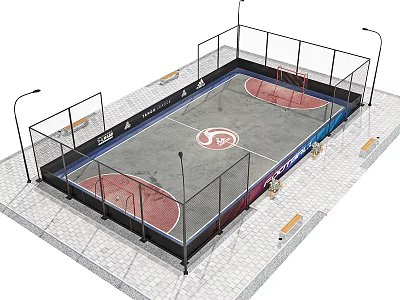 Outdoor Soccer Field Design With Fence Streetlights And Paved Surroundings 3d model