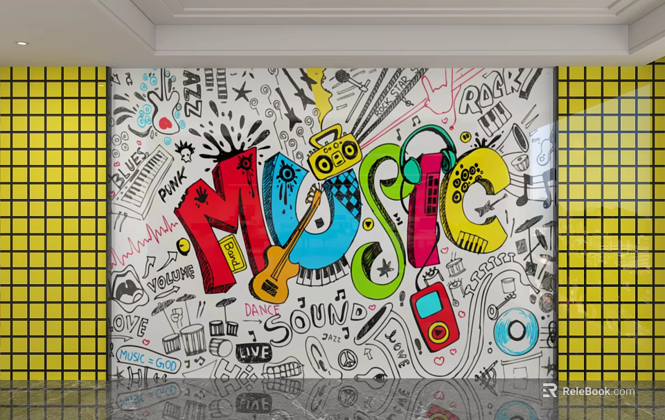 Colorful Graffiti Background Wall Featuring MUSIC Lettering Guitar Headphones Radio And Yellow Square Tile Border 3d model 