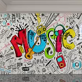 Colorful Graffiti Background Wall Featuring MUSIC Lettering Guitar Headphones Radio And Yellow Square Tile Border