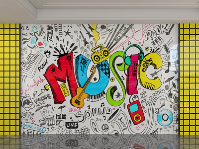Colorful Graffiti Background Wall Featuring MUSIC Lettering Guitar Headphones Radio And Yellow Square Tile Border 3d model