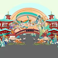 Elegant Traditional Chinese Commercial Landscape With Pavilions Bridge Mythical Figures And Water Reflection