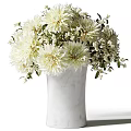 White Marble Vase with White Dahlia Flowers and Green Leaves Arrangement