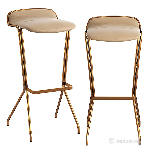 Two Modern High Bar Stools With Beige Seats And Metallic Golden Frames 3d model