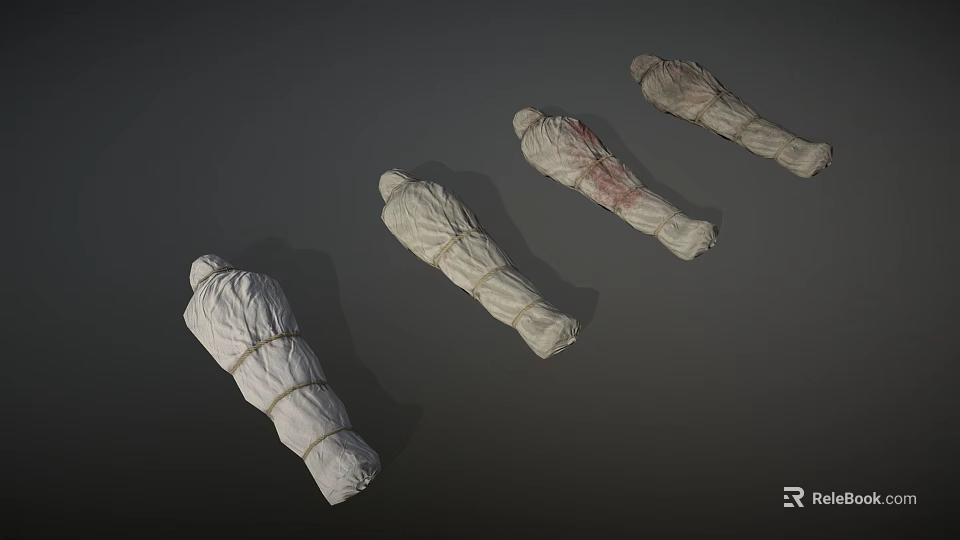 Four Mummified Beings Wrapped in White Cloth with Red Stains 3d model 