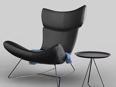 Black Leather Leisure Chair with Modern Metal Frame and Blue Throw Blanket by Side Table 3d model
