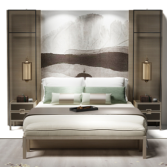 New Chinese background double bedside background wall 3d model