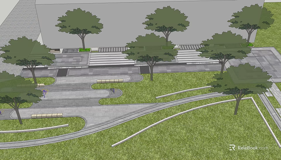 Garden Landscape Design With Trees Grass Curved Paths Steps And Benches 3d model 
