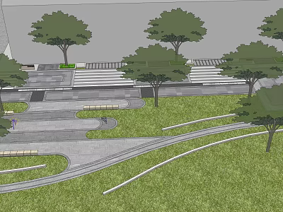 Garden Landscape Design With Trees Grass Curved Paths Steps And Benches 3d model