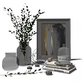 Modern Decorative Ornament Set With Foliage Vase Framed Art Geometric Decor Candles And Books