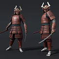 Armored Samurai Warriors With Horned Helmets Holding Swords And Weapons