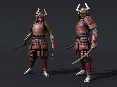 Armored Samurai Warriors With Horned Helmets Holding Swords And Weapons 3d model