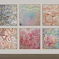 Photo Wall with Six Colorful Abstract Paintings Featuring Vibrant Patterns and Textures