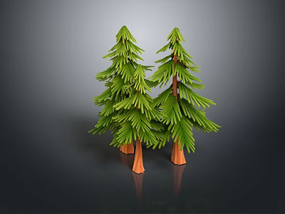 Realistic Two Green Pine Trees With Brown Trunks On Dark Background 3d model