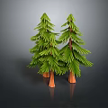 Realistic Two Green Pine Trees With Brown Trunks On Dark Background