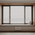 Cozy Bay Window Design Featuring Wooden Frame Blinds And Window Sill With White Gray Cushions