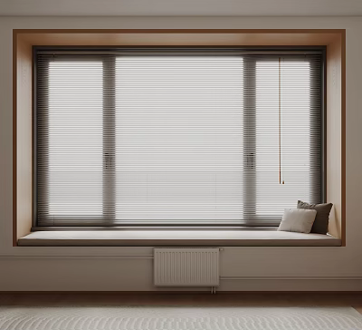 Cozy Bay Window Design Featuring Wooden Frame Blinds And Window Sill With White Gray Cushions 3d model