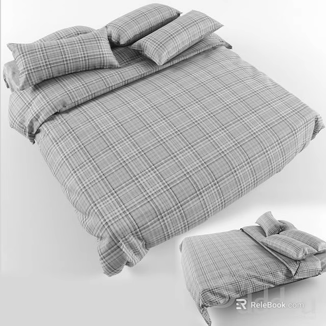 Double Bed With Grey Plaid Bedding And Matching Pillowcases For Bedroom 3d model 