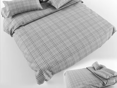 Double Bed With Grey Plaid Bedding And Matching Pillowcases For Bedroom 3d model