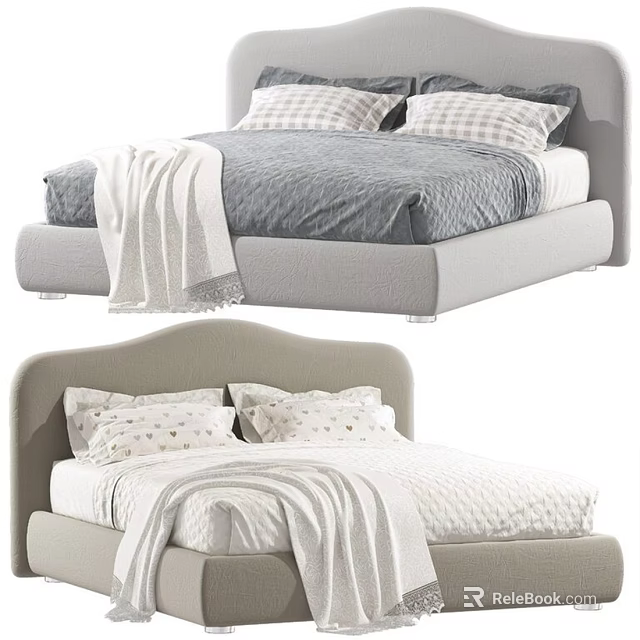 Modern Double Bed With Light Gray Frame Cozy Bedding And Decorative Pillows 3d model 