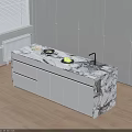 Modern Kitchen Island With Marble Countertop White Cabinets Sink Faucet Fresh Fruits And Bowl