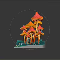 Colorful Vegetable Arrangement Featuring Mushroom Cluster on Blue Platform with Small Creatures and Coins