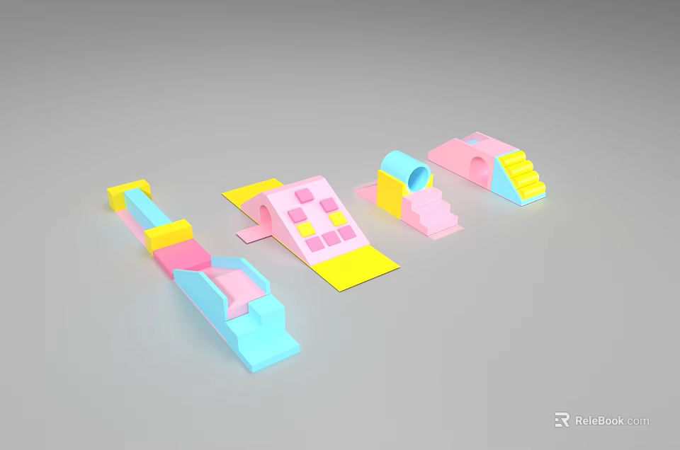 Colorful Creative Group Photo Check-in Spot With Slide Steps Tunnel And Block Structures 3d model 