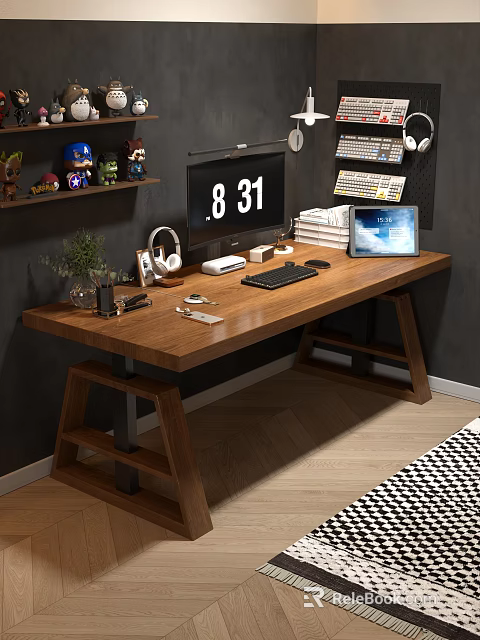 Wooden Desk and Chair Set with Computer Monitor Keyboard Headphones and Office Supplies 3d model 
