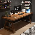 Wooden Desk and Chair Set with Computer Monitor Keyboard Headphones and Office Supplies