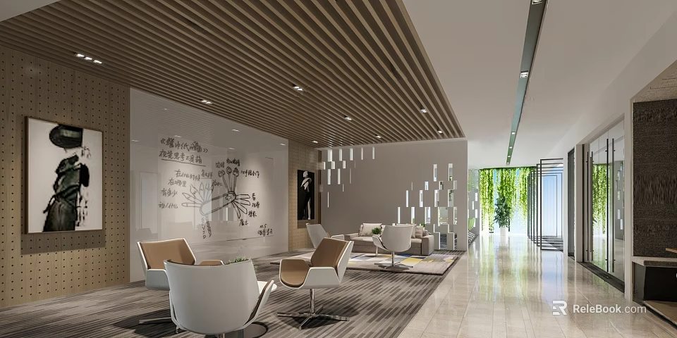 Modern Lounge Area Interior With Comfortable Chairs Sketch Wall And Green Plants 3d model 