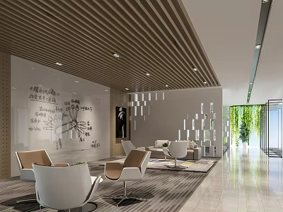 Modern Lounge Area Interior With Comfortable Chairs Sketch Wall And Green Plants 3d model