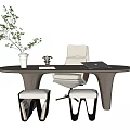 Modern Wooden Desk Design With Green Plant Decor And Modern Chair And Stools