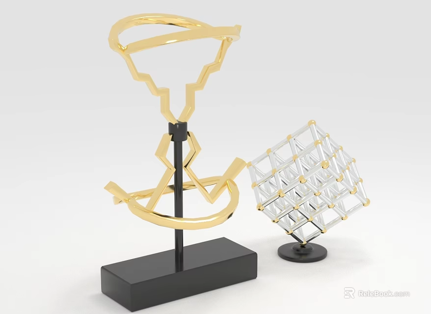 Modern Home Decor Furniture Pieces Golden Spiral Sculpture And Transparent Grid Cube With Black Bases 3d model 