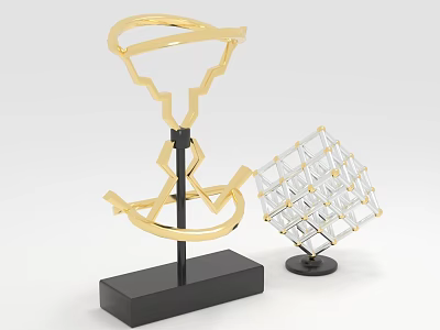 Modern Home Decor Furniture Pieces Golden Spiral Sculpture And Transparent Grid Cube With Black Bases 3d model