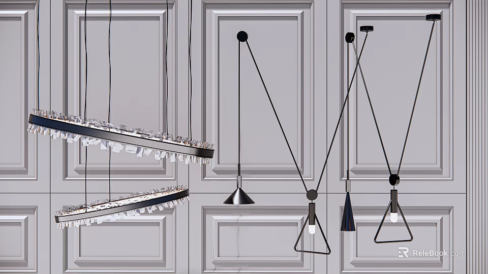 Modern Pendant Light Designs With Various Shapes And Metal Frames On Paneled Wall 3d model 