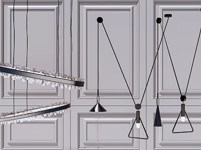 Modern Pendant Light Designs With Various Shapes And Metal Frames On Paneled Wall 3d model