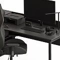 Modern Black Office Desk Setup With Ergonomic Chair And Computer Monitor
