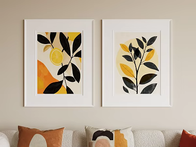 Two Framed Abstract Paintings With Lemon Leaf Motifs Yellow Black Orange Tones Beige Wall 3d model
