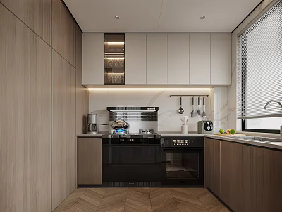 Modern Kitchen Interior Design With Wooden Cabinets White Upper Cabinets Black Oven And Herringbone Floor 3d model