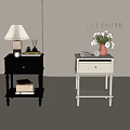 Black And White Modern Nightstands With Lamp Flowers And Decor Items
