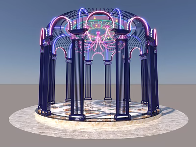 Garden Landscape Pavilion With Blue Metal Frame Colorful Neon Decorations And Marble Floor 3d model